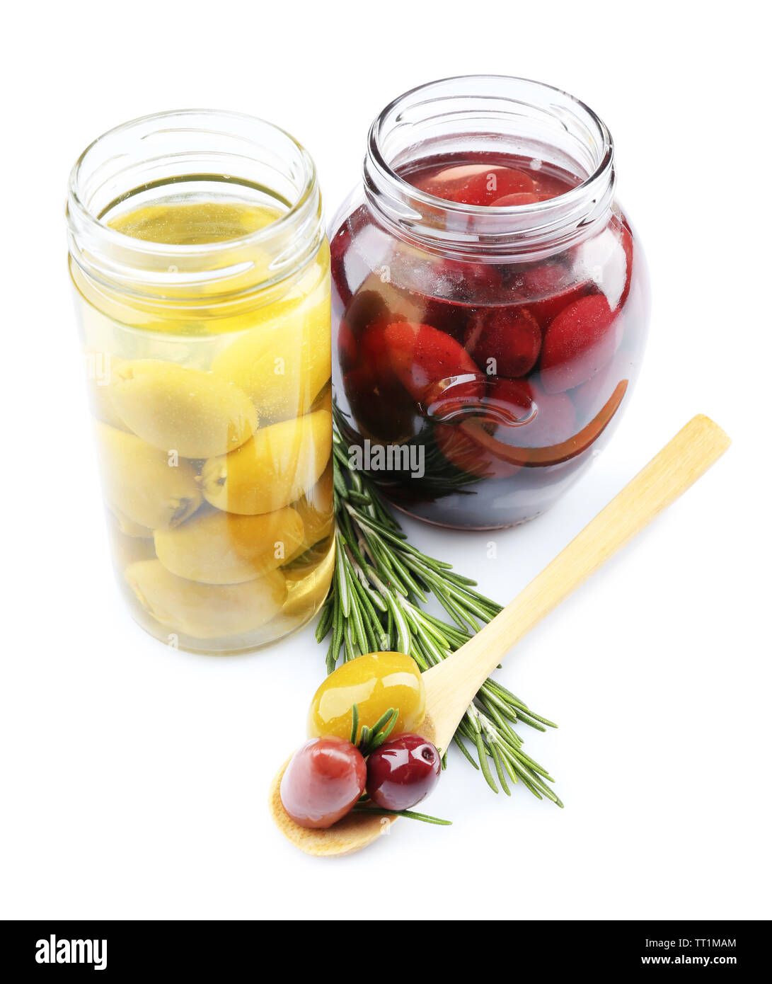 Tasty olives in glass jars, isolated on white Stock Photo Alamy