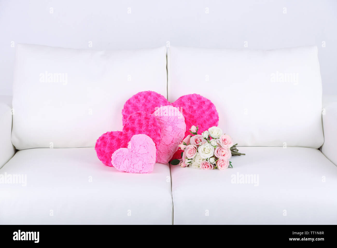 Pink Hearts Shaped Pillow On White Sofa Stock Photo 255735559 Alamy