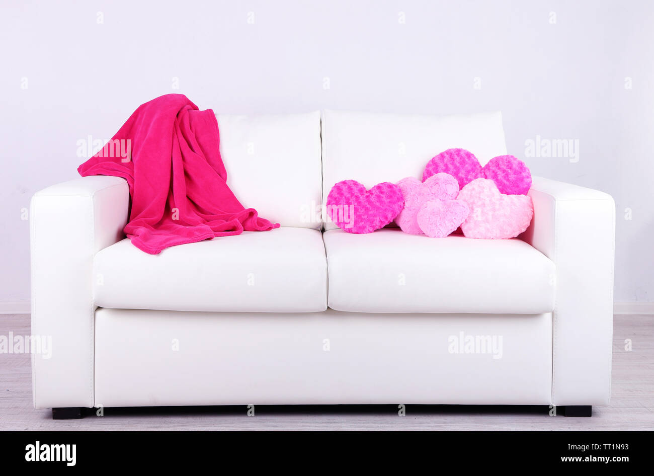 Pink Heart Shaped Pillows On White Sofa Stock Photo 255735567 Alamy