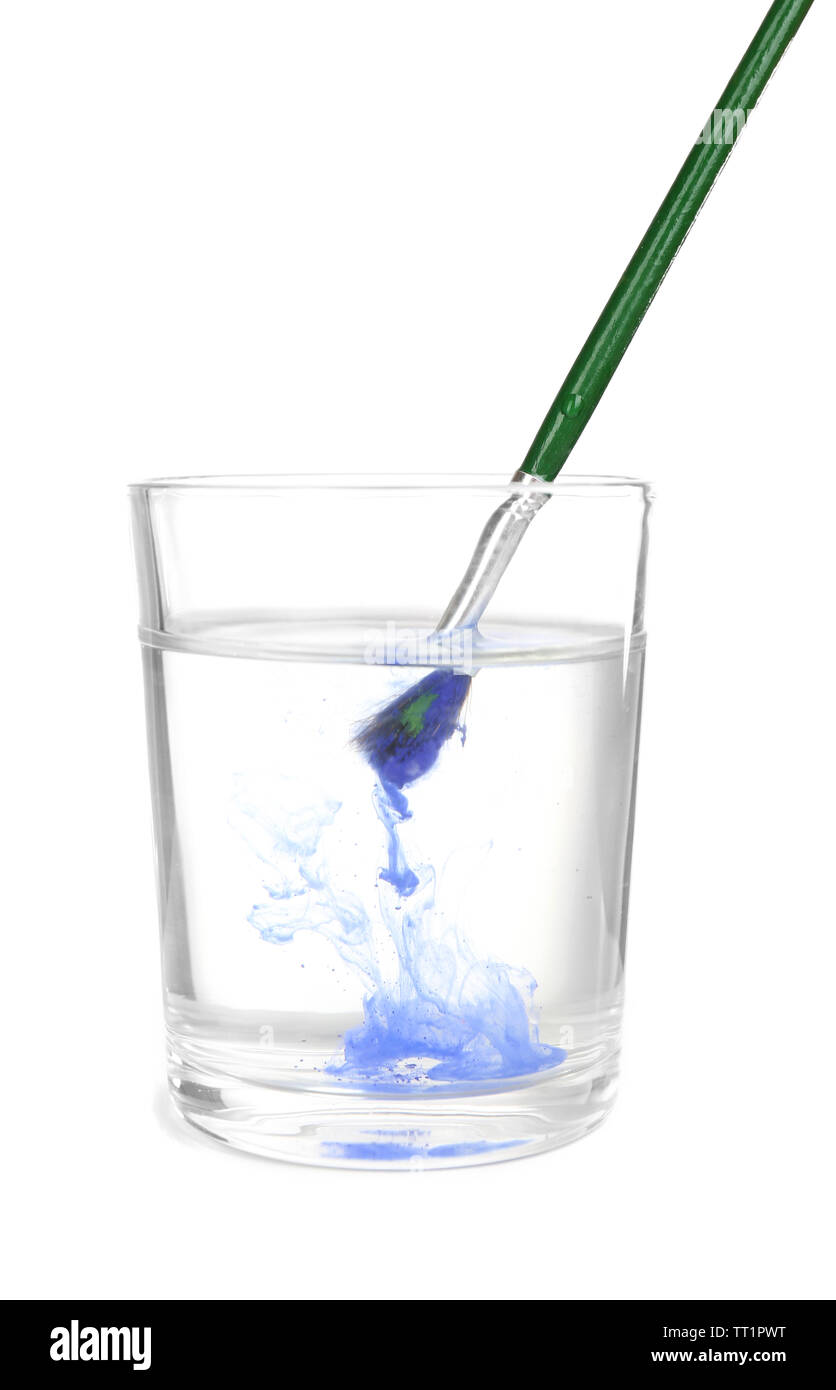 Brush with color paint in glass of water, isolated on white Stock Photo -  Alamy