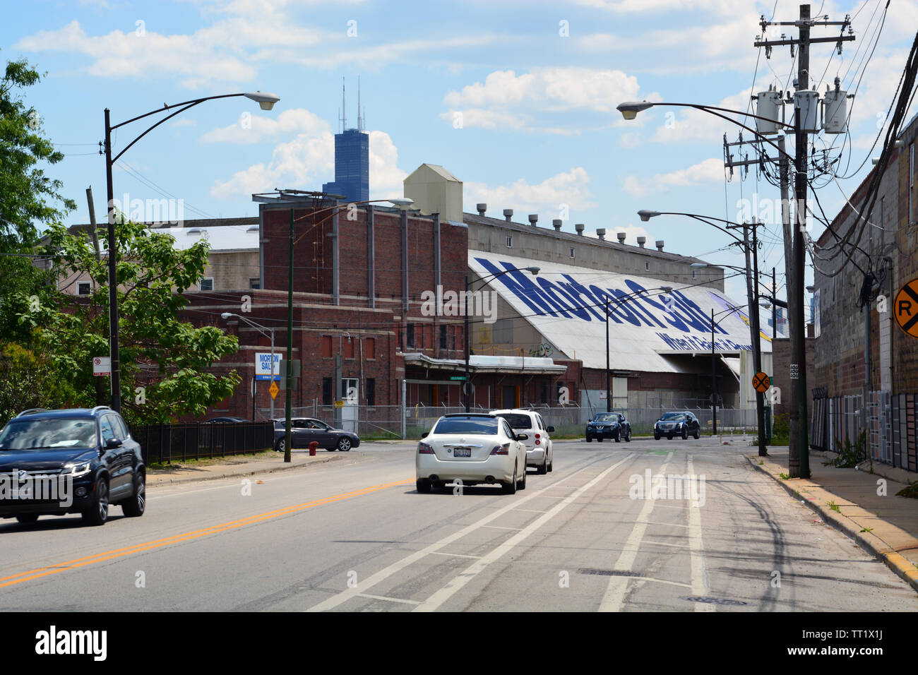 The old Morton Salt warehouse on Elston Ave in Chicago will keep it's iconic roof sign as it undergoes redevelopment into a research facility Stock Photo