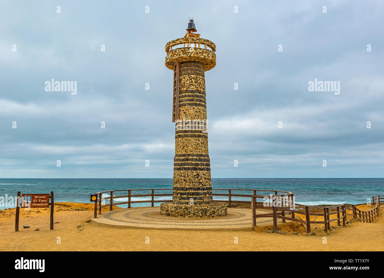 The stone made lighthouse by Santa Elena Cape, the most western point of Ecuador in the Pacific Ocean, South America. Stock Photo