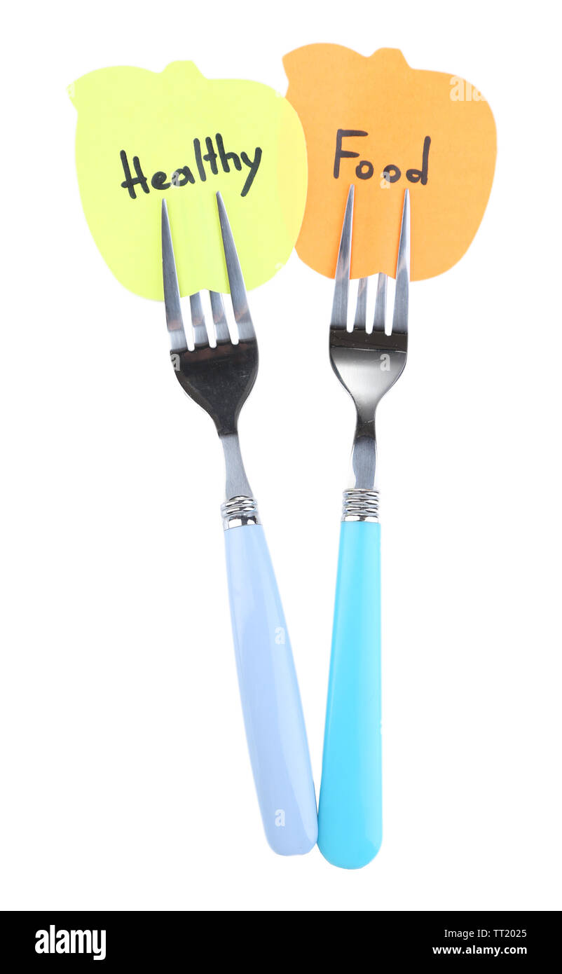 Note papers with messages attached to forks, isolated on white Stock Photo