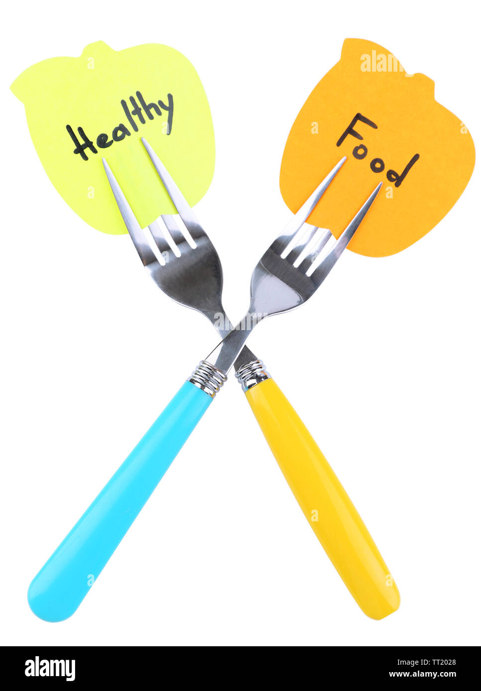 Note papers with messages attached to forks, isolated on white Stock Photo