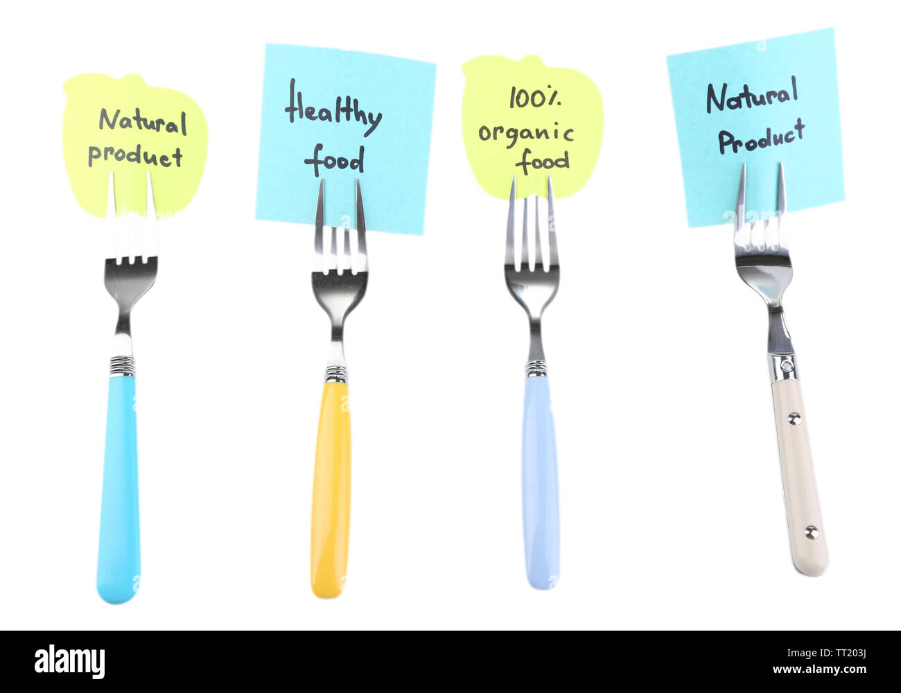 Note papers with messages  attached to forks, isolated on white Stock Photo