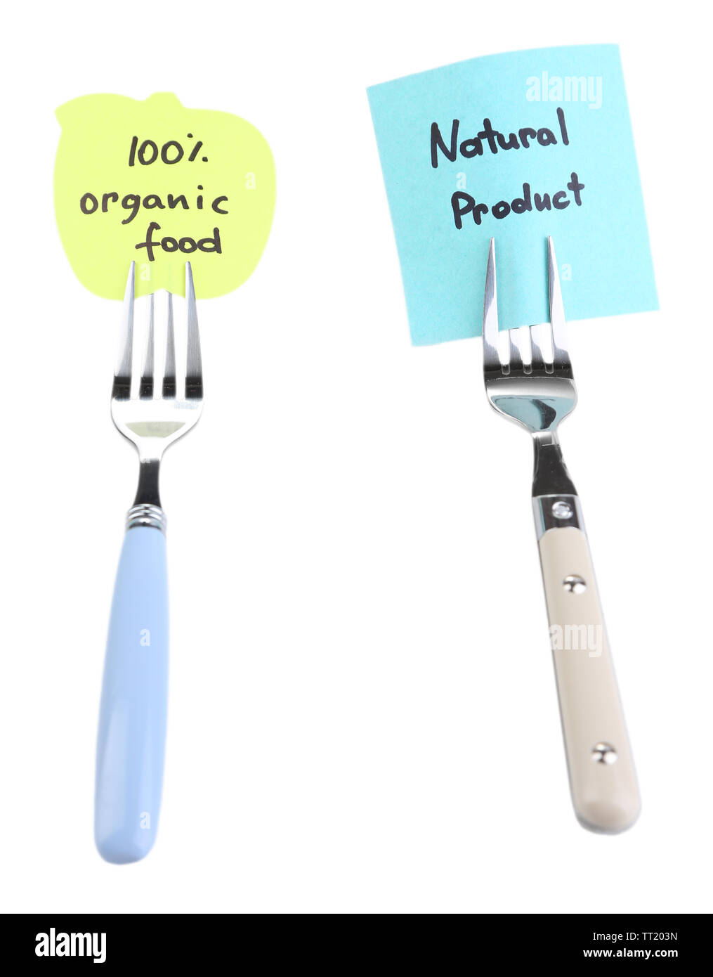 Note papers with messages  attached to forks, isolated on white Stock Photo