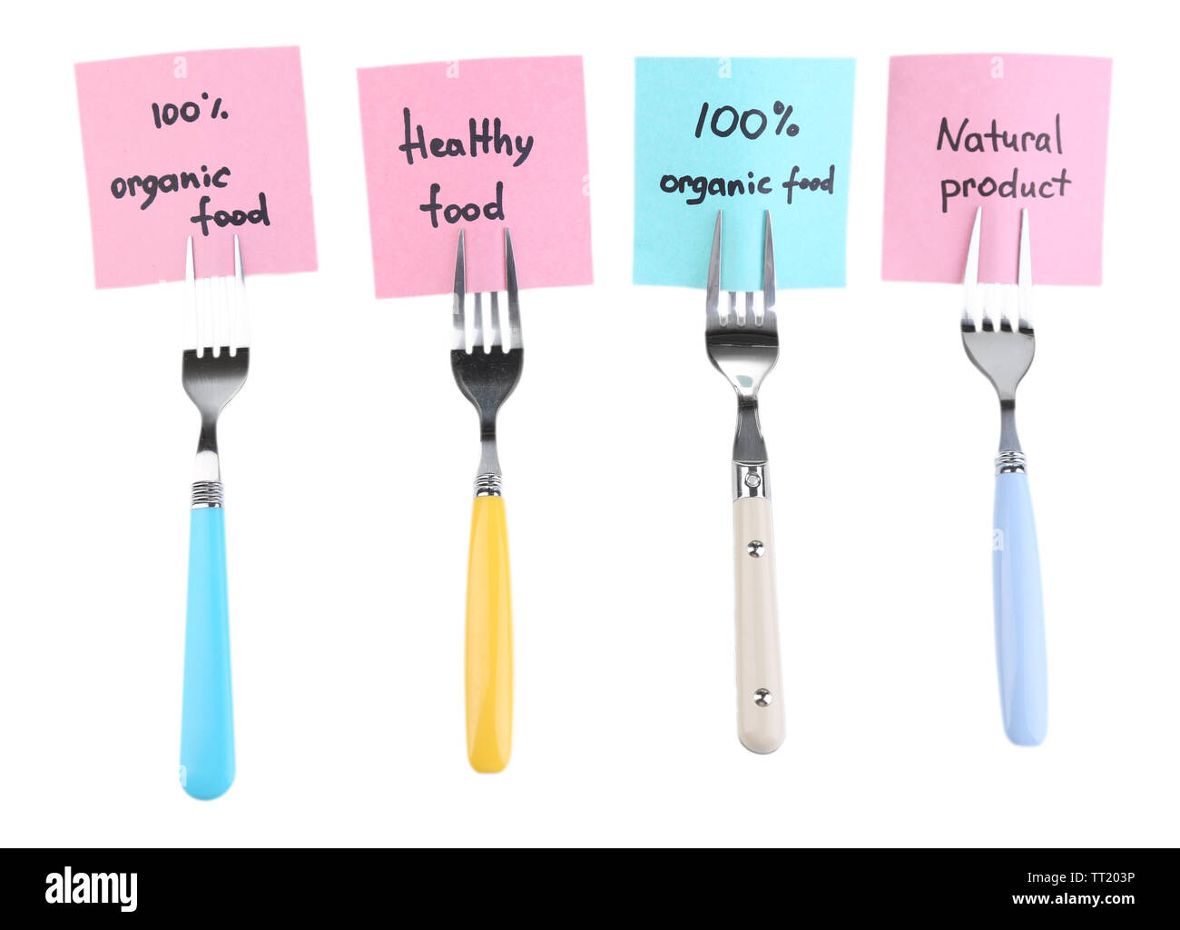 Note papers with messages attached to forks, isolated on white Stock Photo
