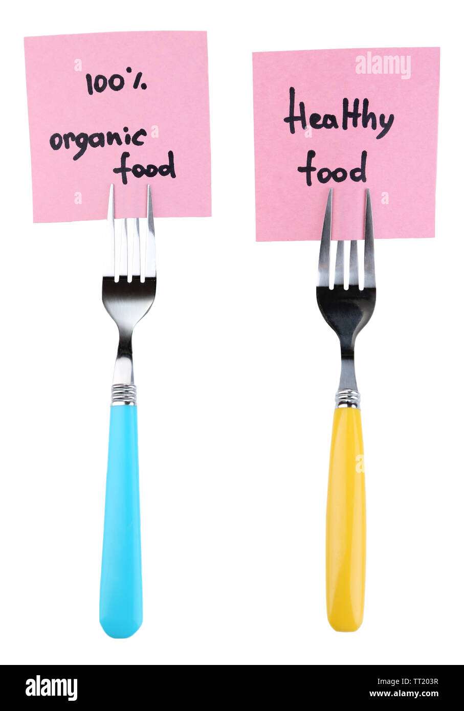 Note papers with messages  attached to forks, isolated on white Stock Photo