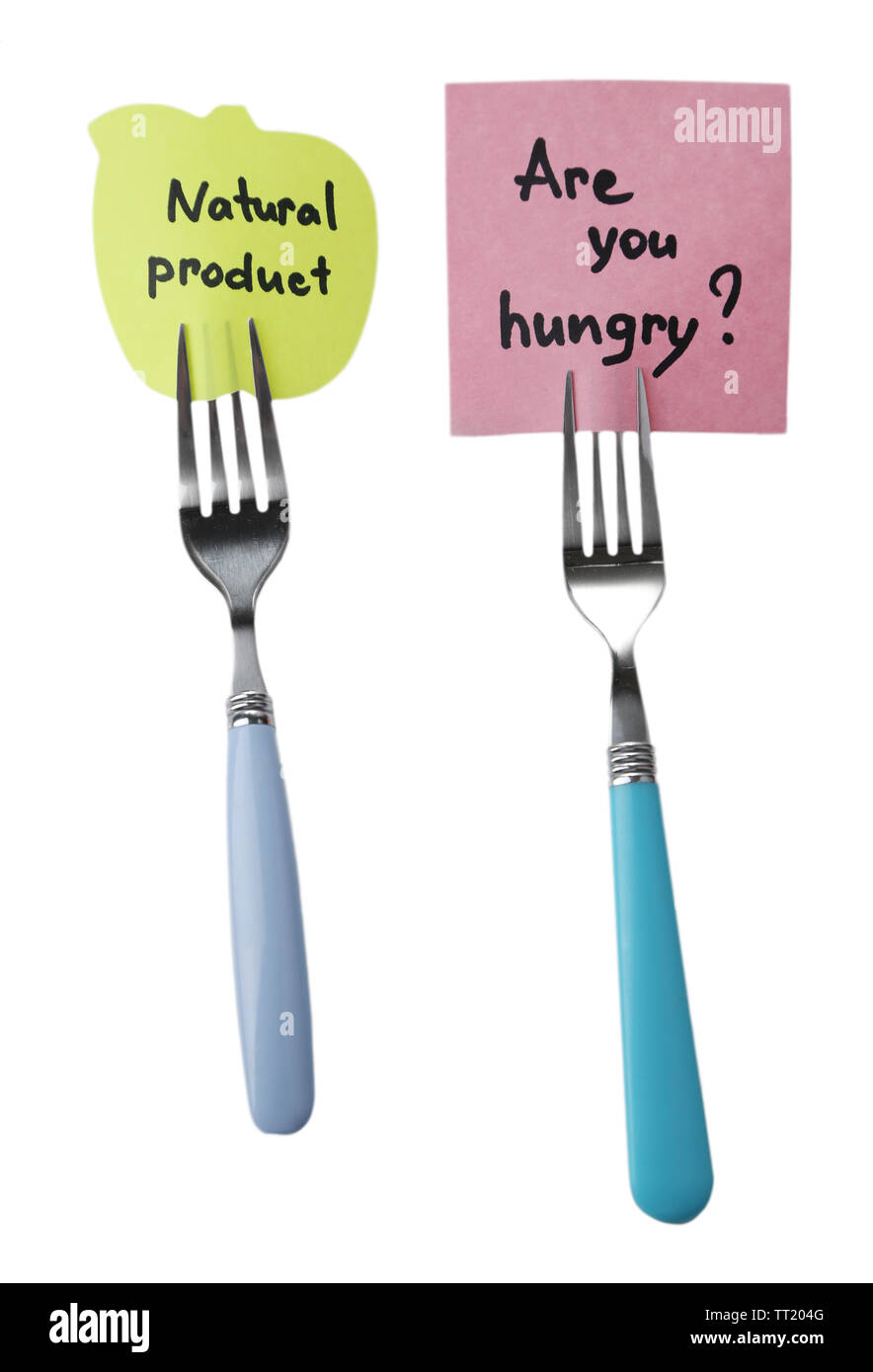 Note papers with messages  attached to forks, isolated on white Stock Photo
