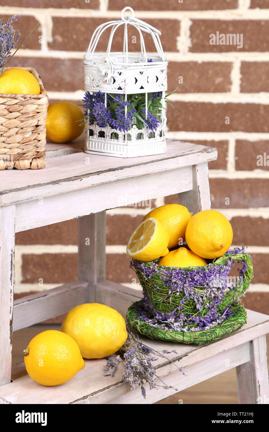 Still life with fresh lemons and lavender Stock Photo - Alamy