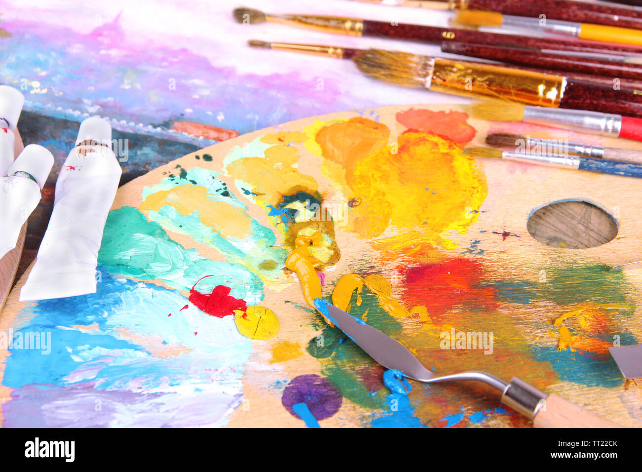 Artistic Equipment Paint Brushes And Art Palette Stock Photo