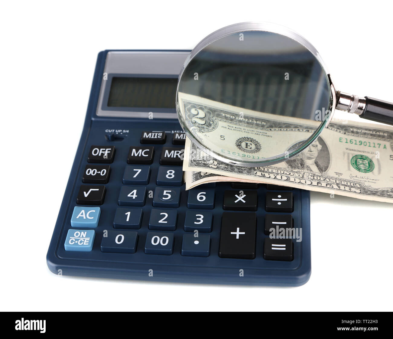 Fraud concept with magnifier and calculator, isolated on white Stock Photo