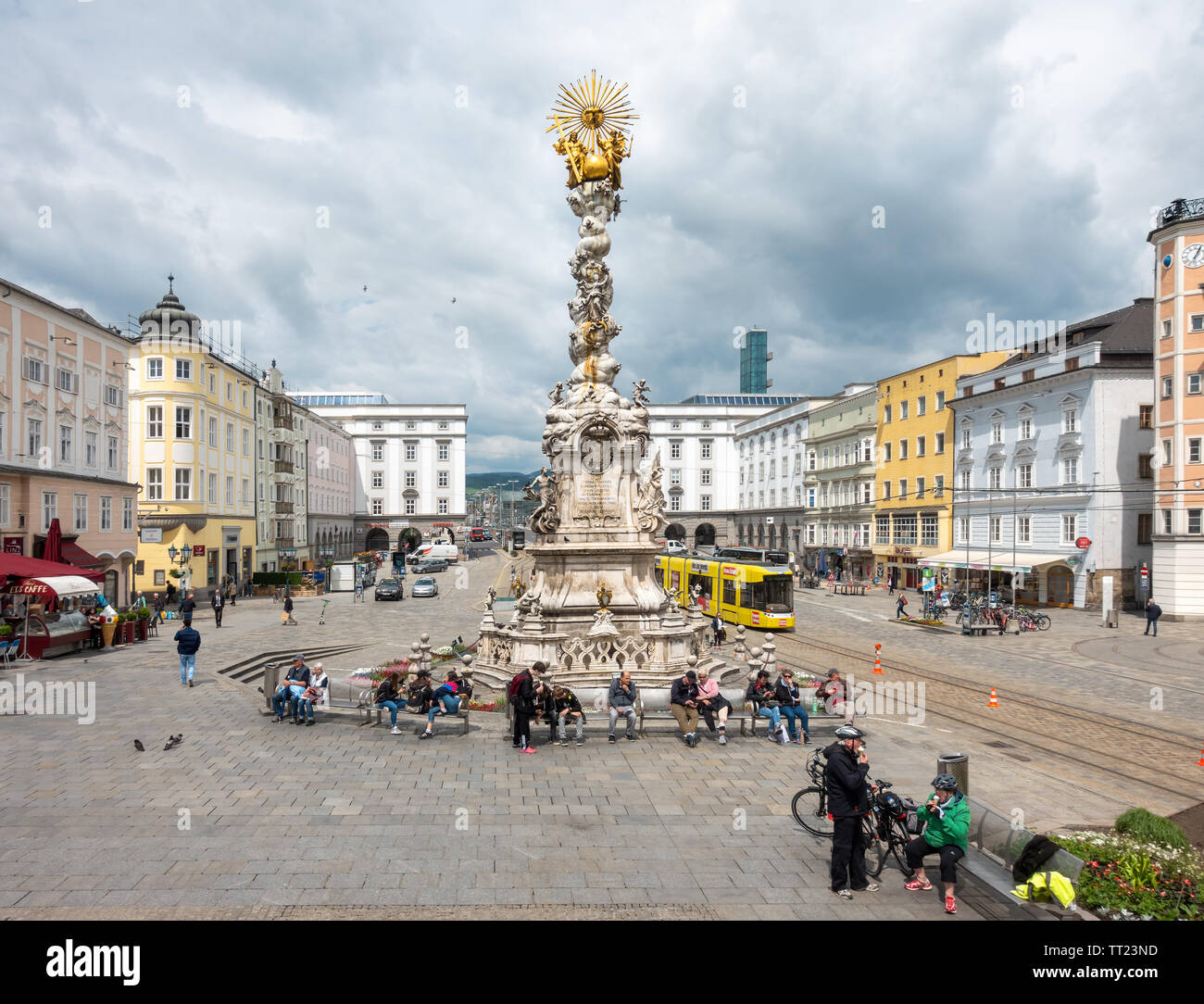 LInz Main Square Hauptplatz with Plague Column Pestsäule or Dreifaltigkeitssäule Holy Trinity Column. Linz Austria Stock Photo