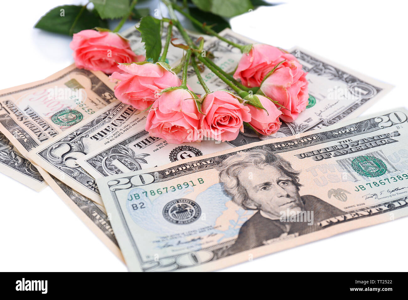 Beautiful roses and money, isolated on white Stock Photo Alamy