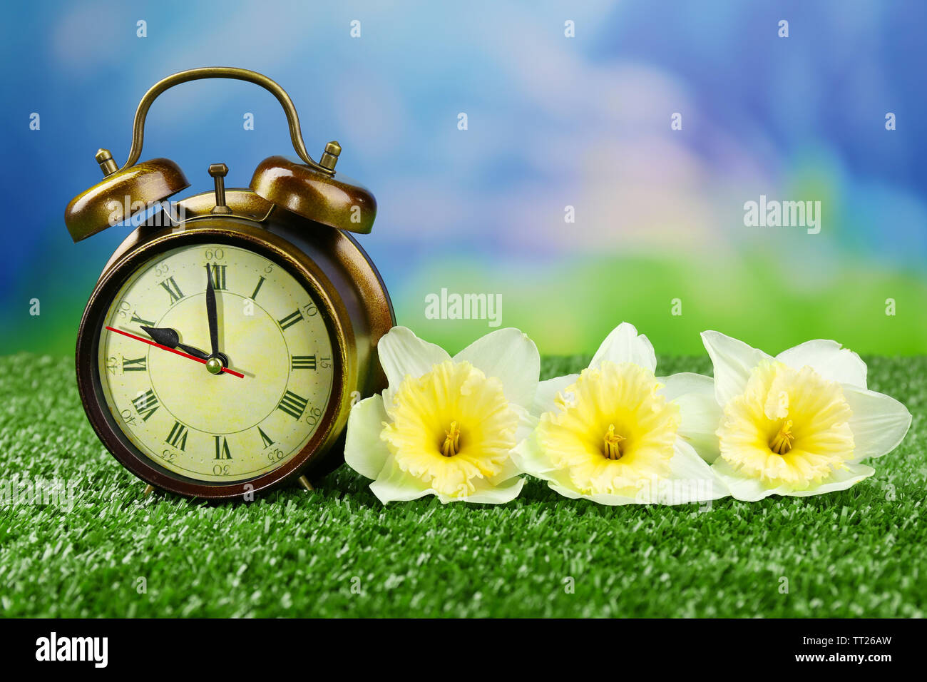 Alarm clock on green grass, on nature background Stock Photo - Alamy