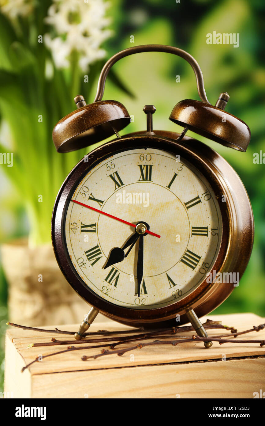 Alarm clock on nature background Stock Photo - Alamy