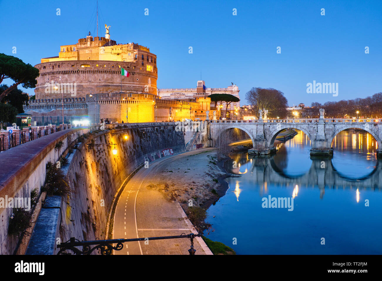 Castle Of The Holy Angel Lit Up at Dusk, Rome, Lazio, Italy Stock Photo