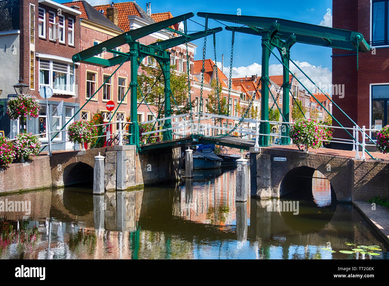 Small Drawbridge over a Canal, Leiden, Netherlands Stock Photo