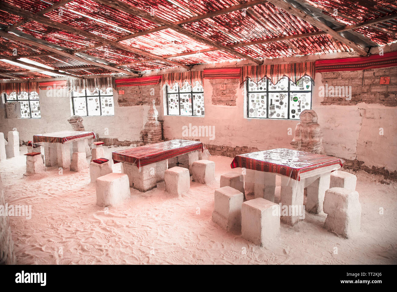 Salar de Uyuni, Bolivia - Dec 31, 2018:Interior Inside of  hotel made of salt directly on a salt plain Salar de Uyuni, Bolivia. Stock Photo