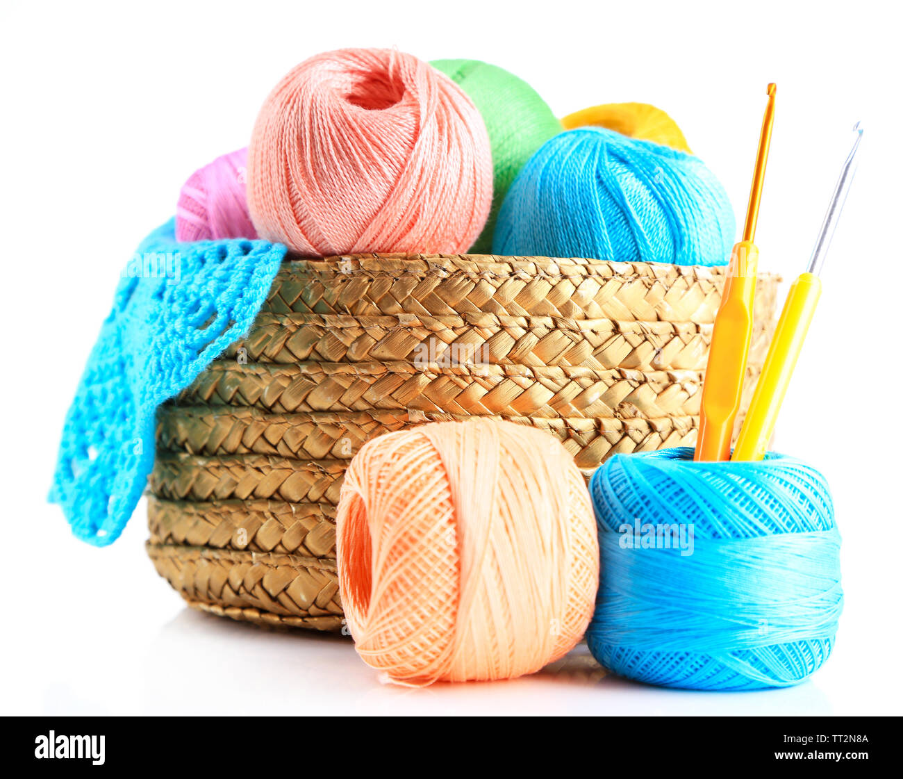 Colorful yarn for knitting with napkin in wicker basket and crochet hook,  isolated on white Stock Photo - Alamy