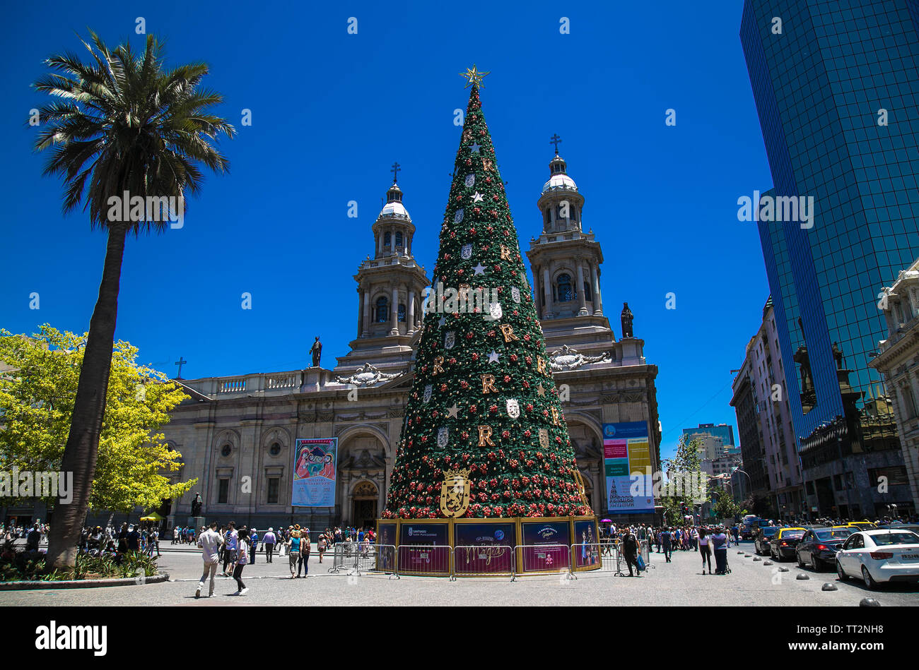 Santiago, Chile - Dec 27, 2018: Christmas tree decorated with hundreds of rag dolls in the Plaza de Armas, Santiago, capital of Chile. Stock Photo