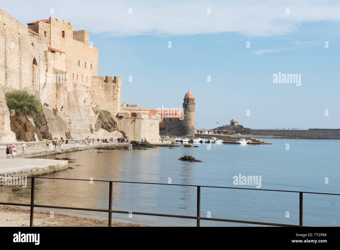 Old town of Collioure, France, a popular resort town on Mediterranean sea, view from the beach. Stock Photo