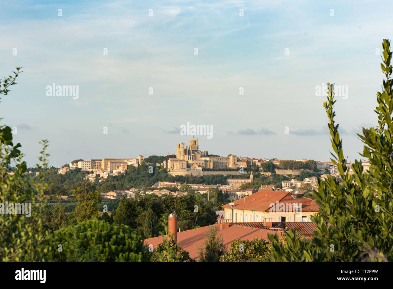 View of  the city of Beziers, in the South of France, from the Neuf Ecluses de Fonserannes (Nine Locks of Fonserannes) a UNESCO World Heritage site on Stock Photo