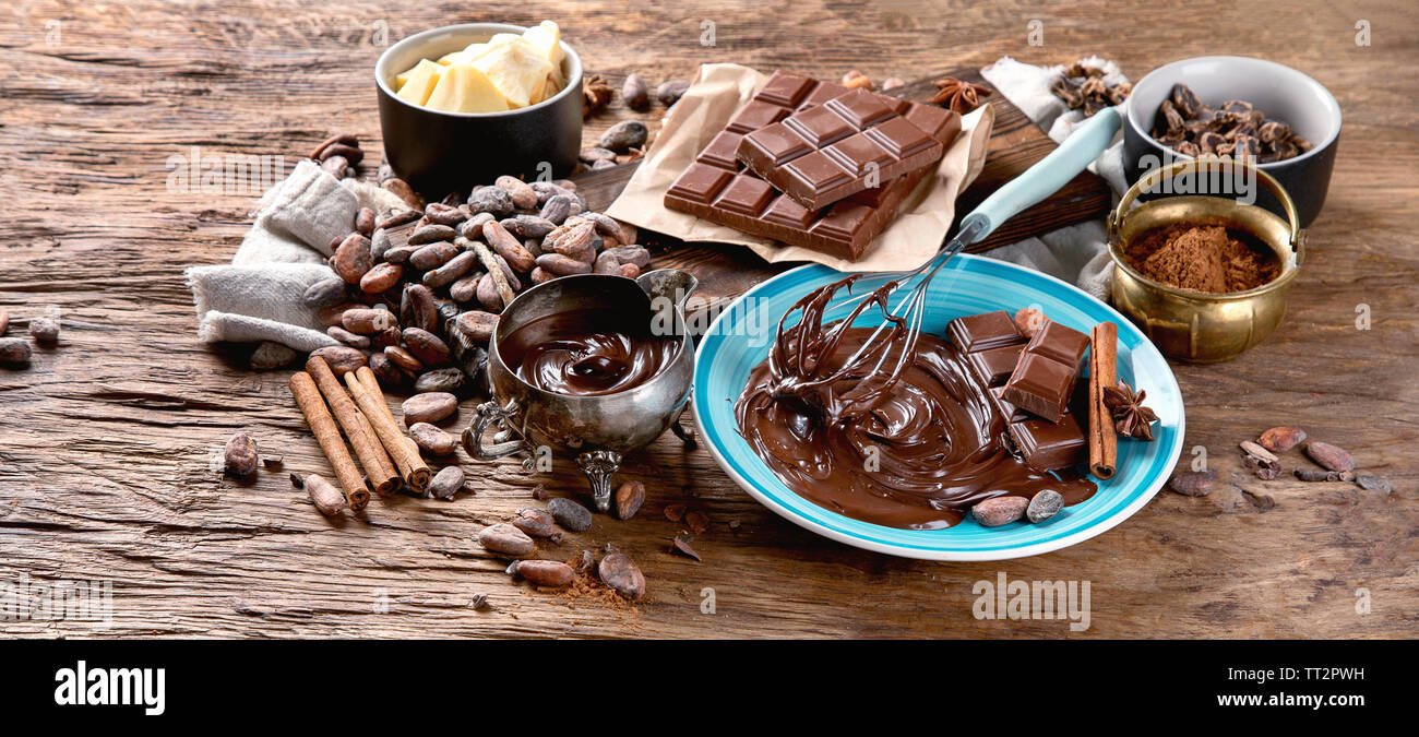 Cacao beans, powder, cacao butter, chocolate bar and chocolate sauce on