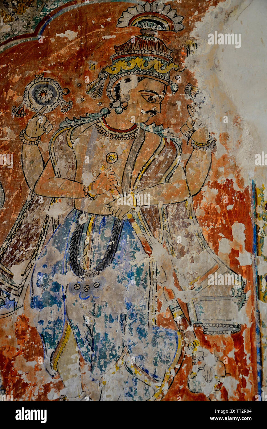 Colourful paintings on the inner wall of Nana Phadanvis Wada (Palace), Menavali, near Wai, Maharashtra, India Stock Photo