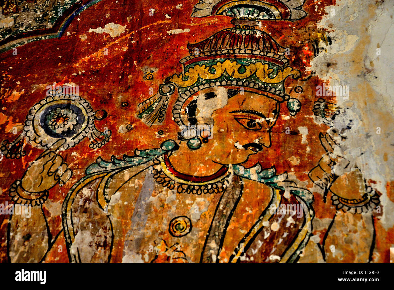 Colourful paintings on the inner wall of Nana Phadanvis Wada (Palace), Menavali, near Wai, Maharashtra, India Stock Photo