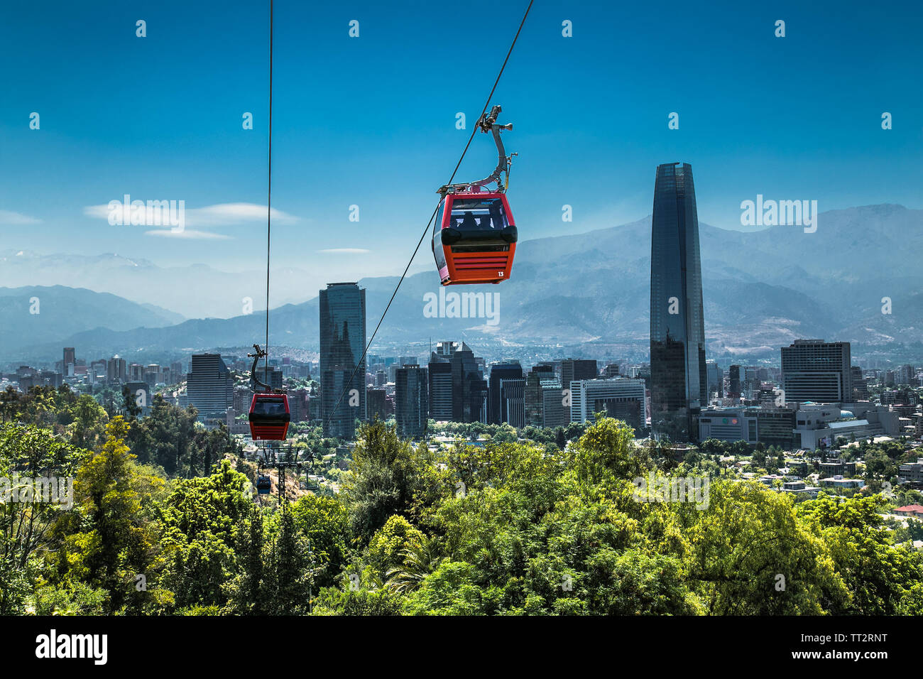 Cable car in San Cristobal hill overlooking a panoramic view of Santiago de Chile Stock Photo