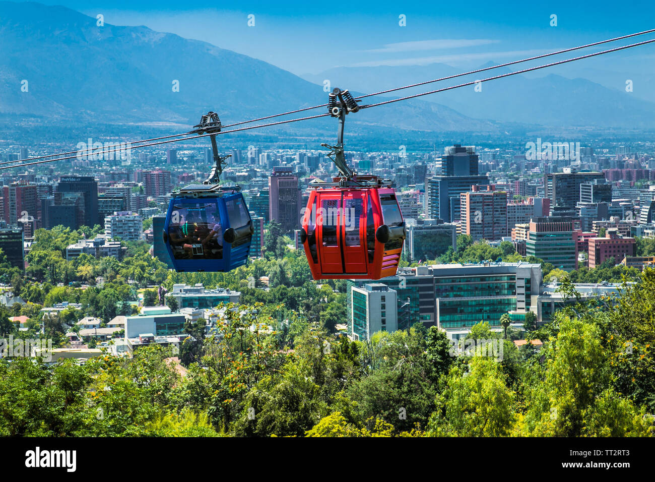 Santiago, Chile - Dec 29, 2018: Cable car in San Cristobal hill overlooking a panoramic view of Santiago de Chile Stock Photo