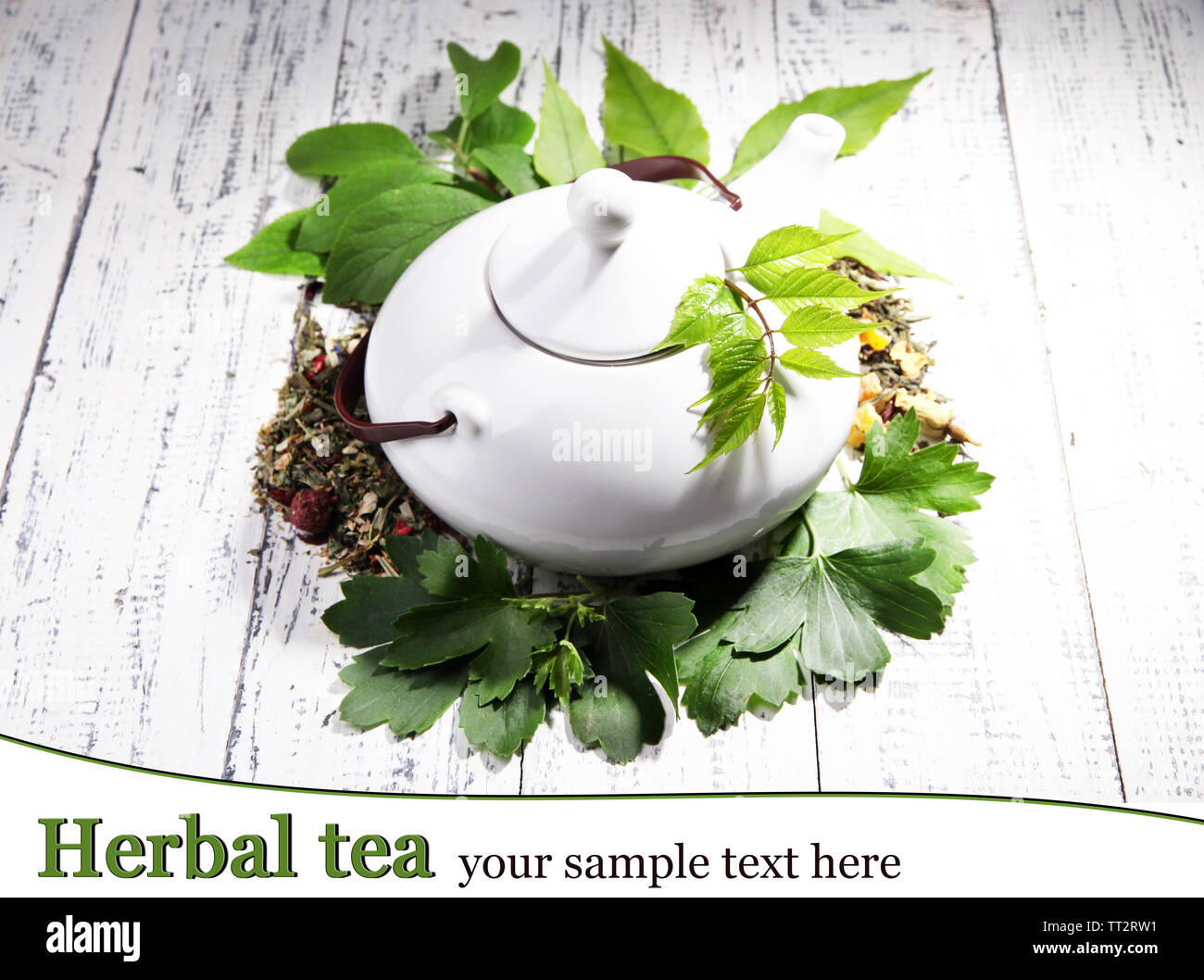 Herbal natural tea with dry flowers and herbs ingredients, on color wooden background Stock Photo