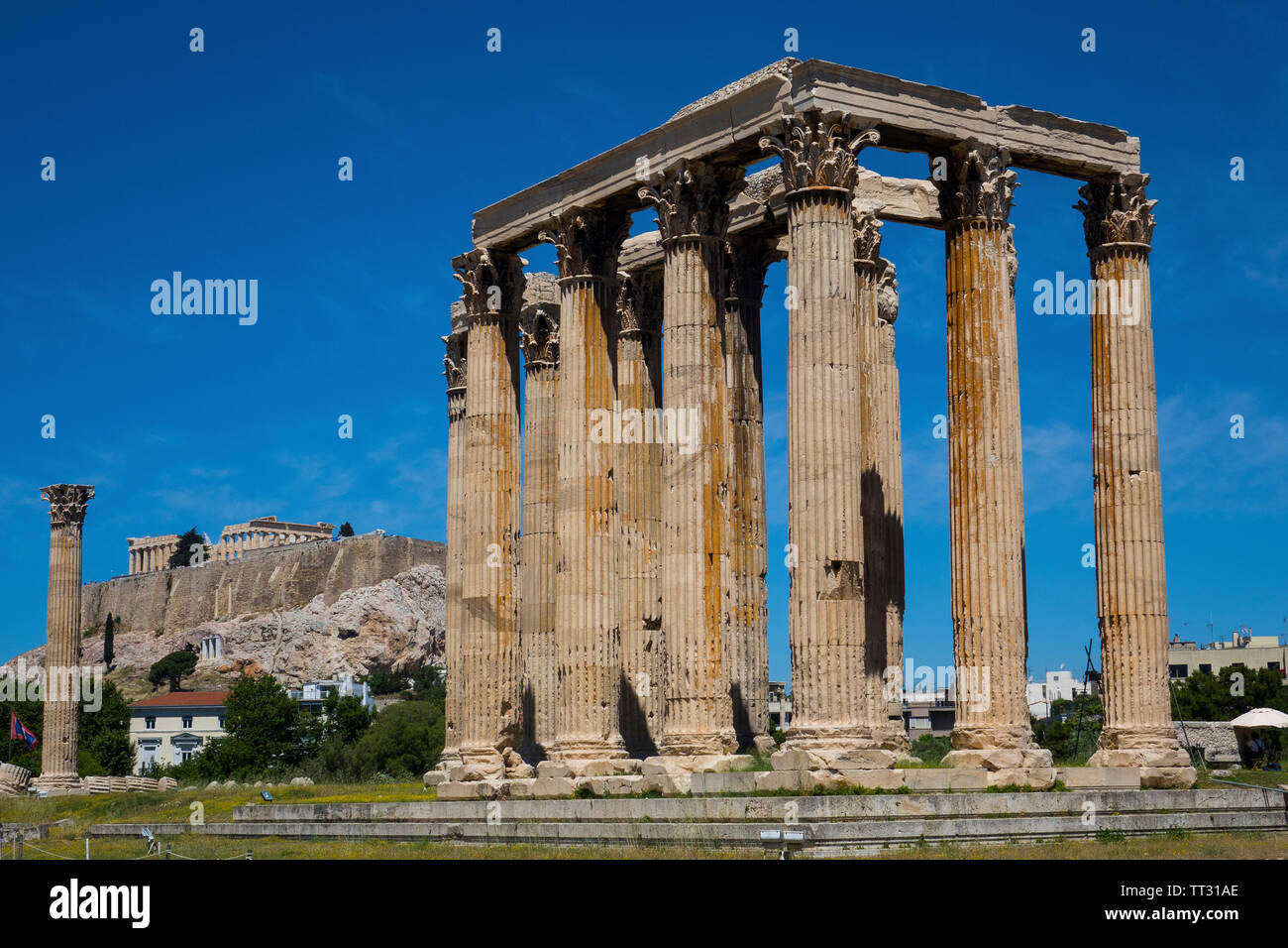 Greece, Athens, Temple of Zeus & Acropolis Stock Photo