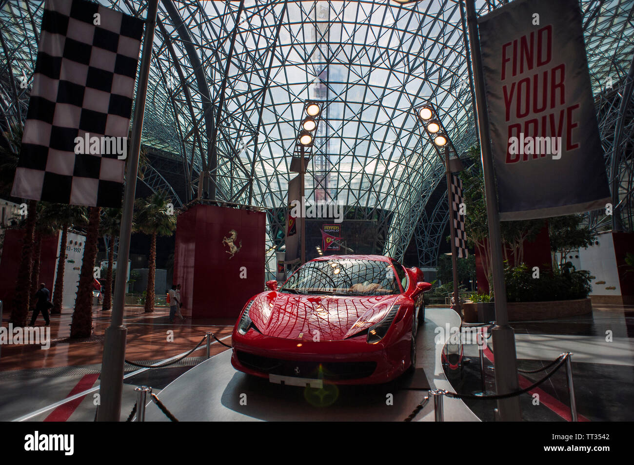 A Ferrari car on display at Ferrari World, a theme park on Abu Dhabi's Yas Island, United Arab Emirates. Stock Photo