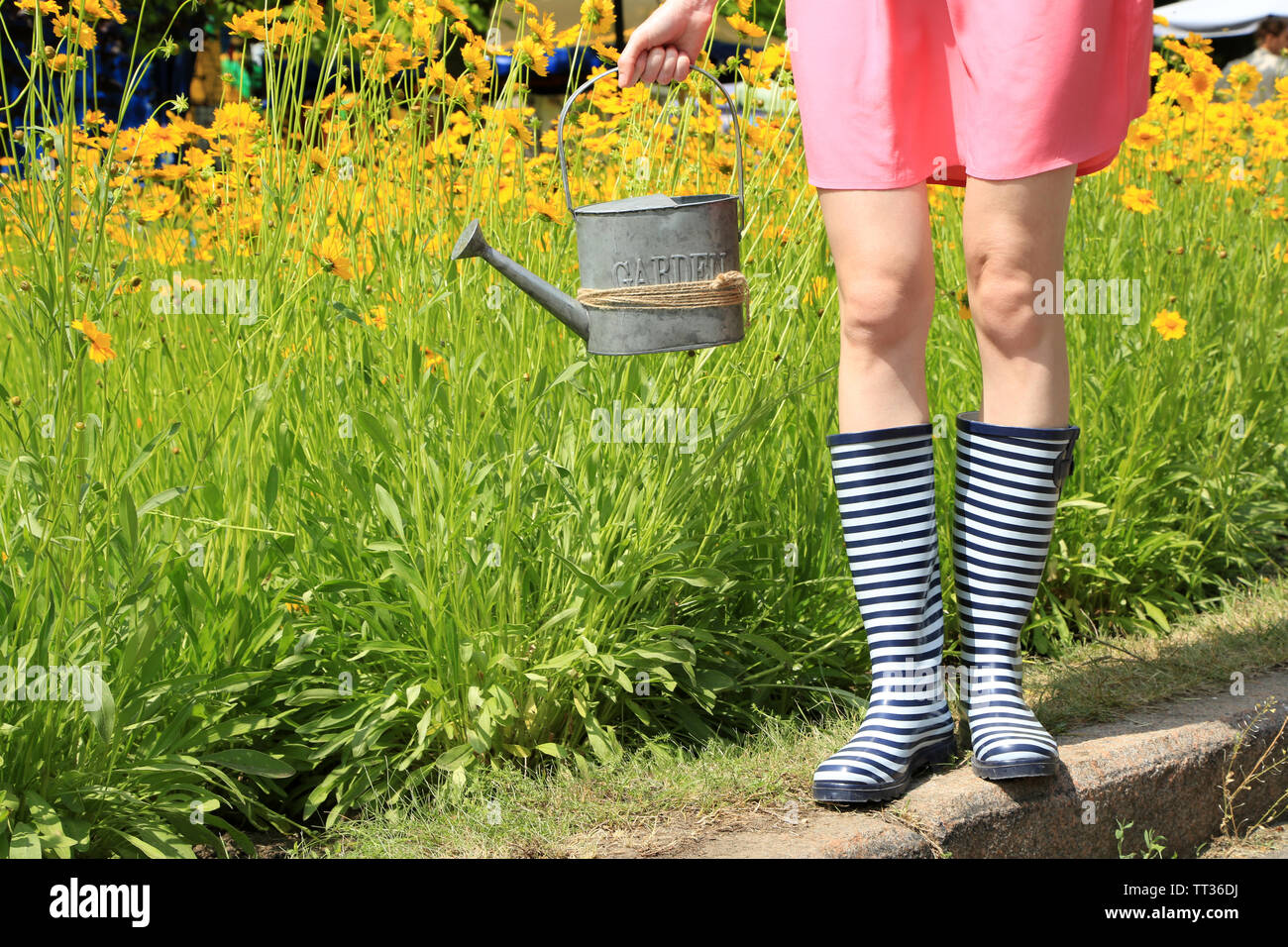 Young woman in rubber boots holding watering can, outdoors Stock Photo ...