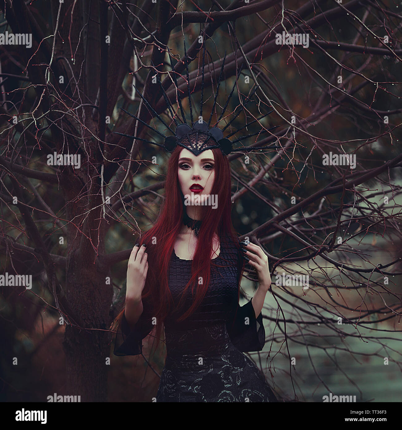 A beautiful woman with pale skin and long red hair in a black dress and in the black crownk. Girl witch with vampire claws and red lips. Gothic look. Stock Photo