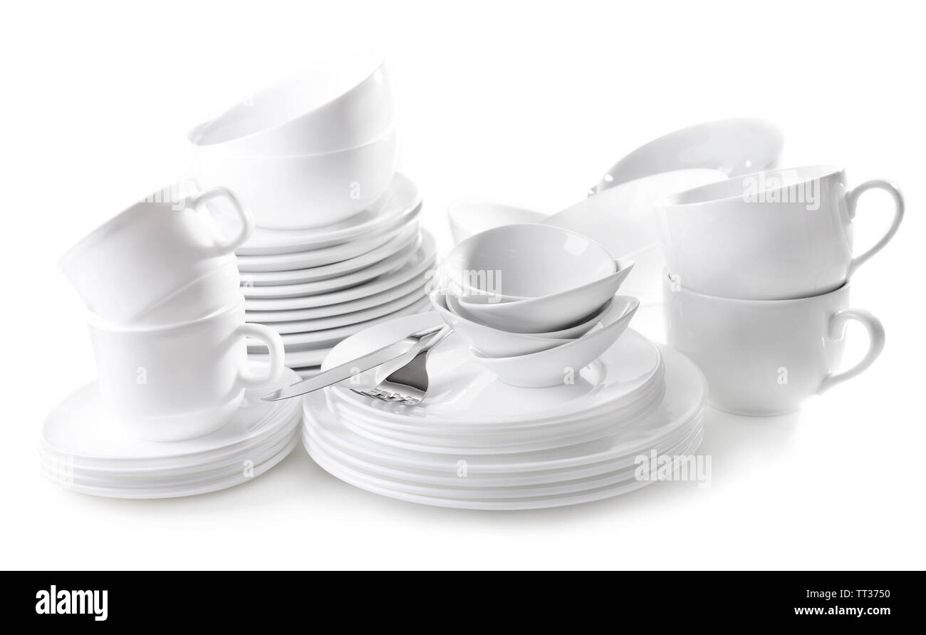 Set of white dishes isolated on white Stock Photo - Alamy
