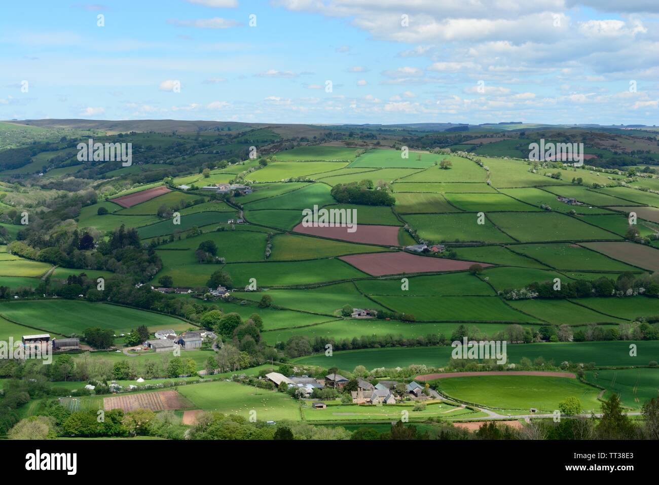 Patchwork pattern of farmland from Twyn y Gaer towards mid Wales Powys Wales Cymru UK Stock Photo