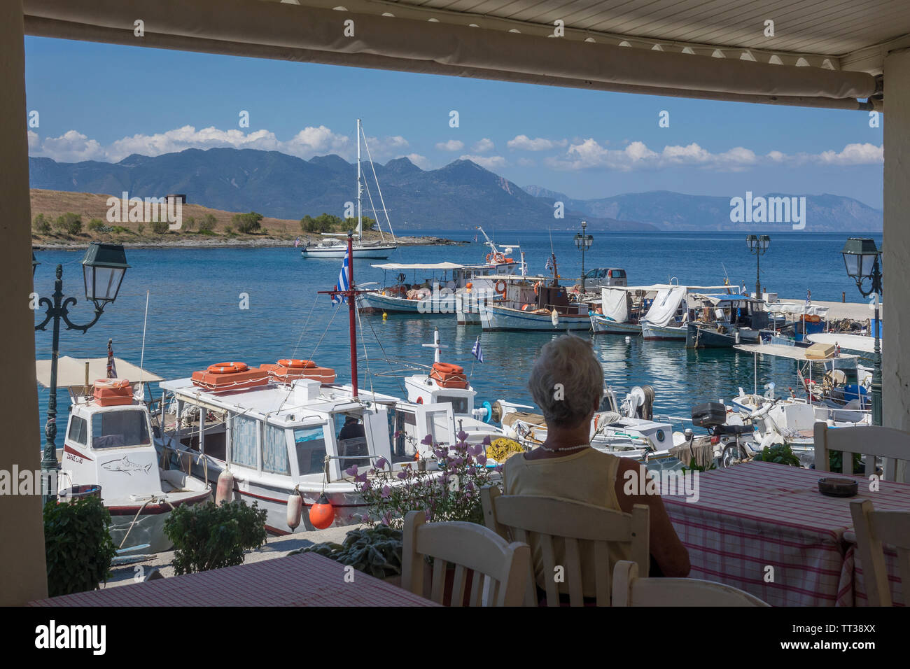 Greece, Saronic Islands, Aegina, Perdika, harbour from cafe Stock Photo