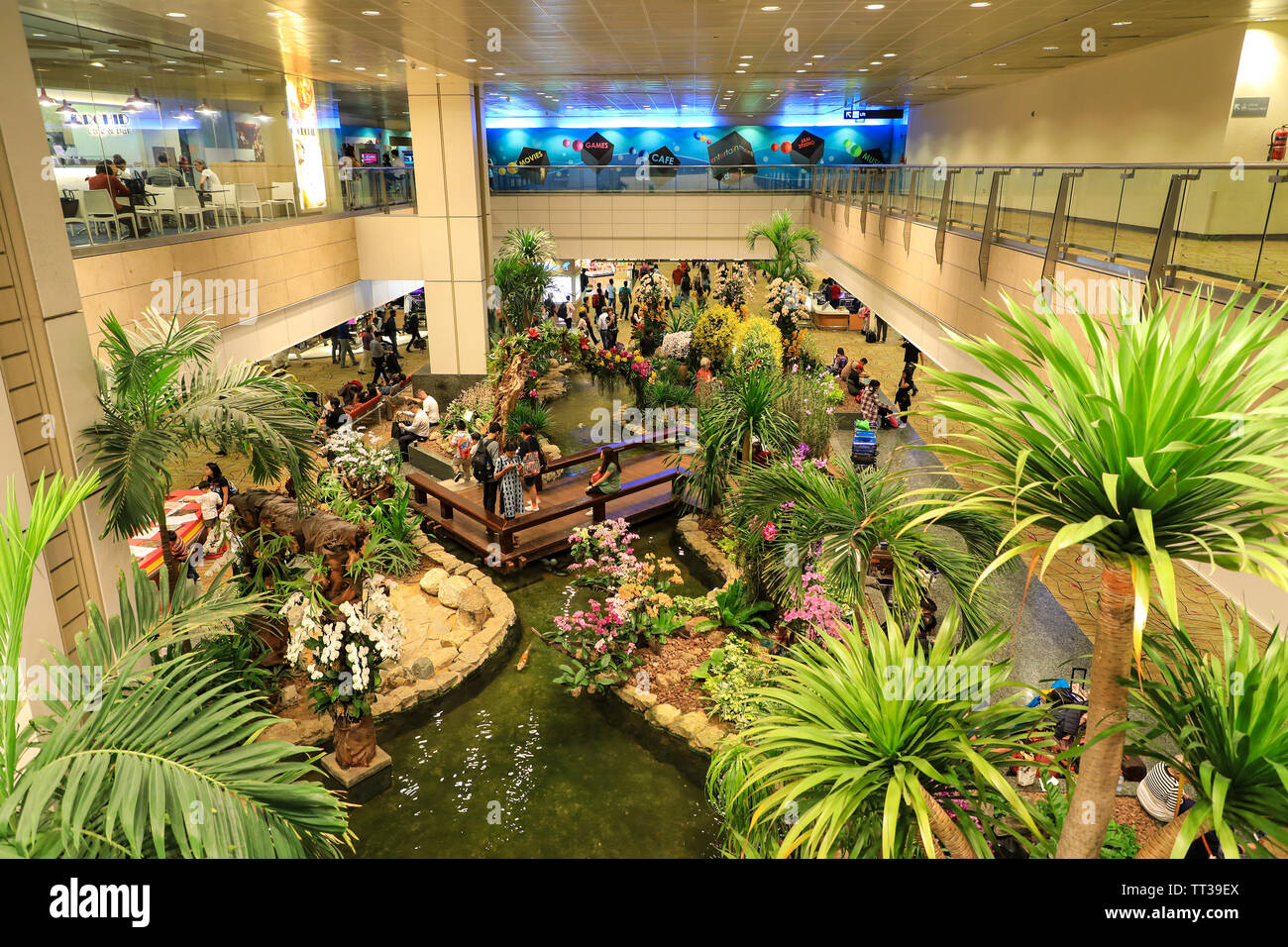 The departure lounge gardens and landscaping inside Singapore Changi International Airport, Singapore, South East Asia Stock Photo