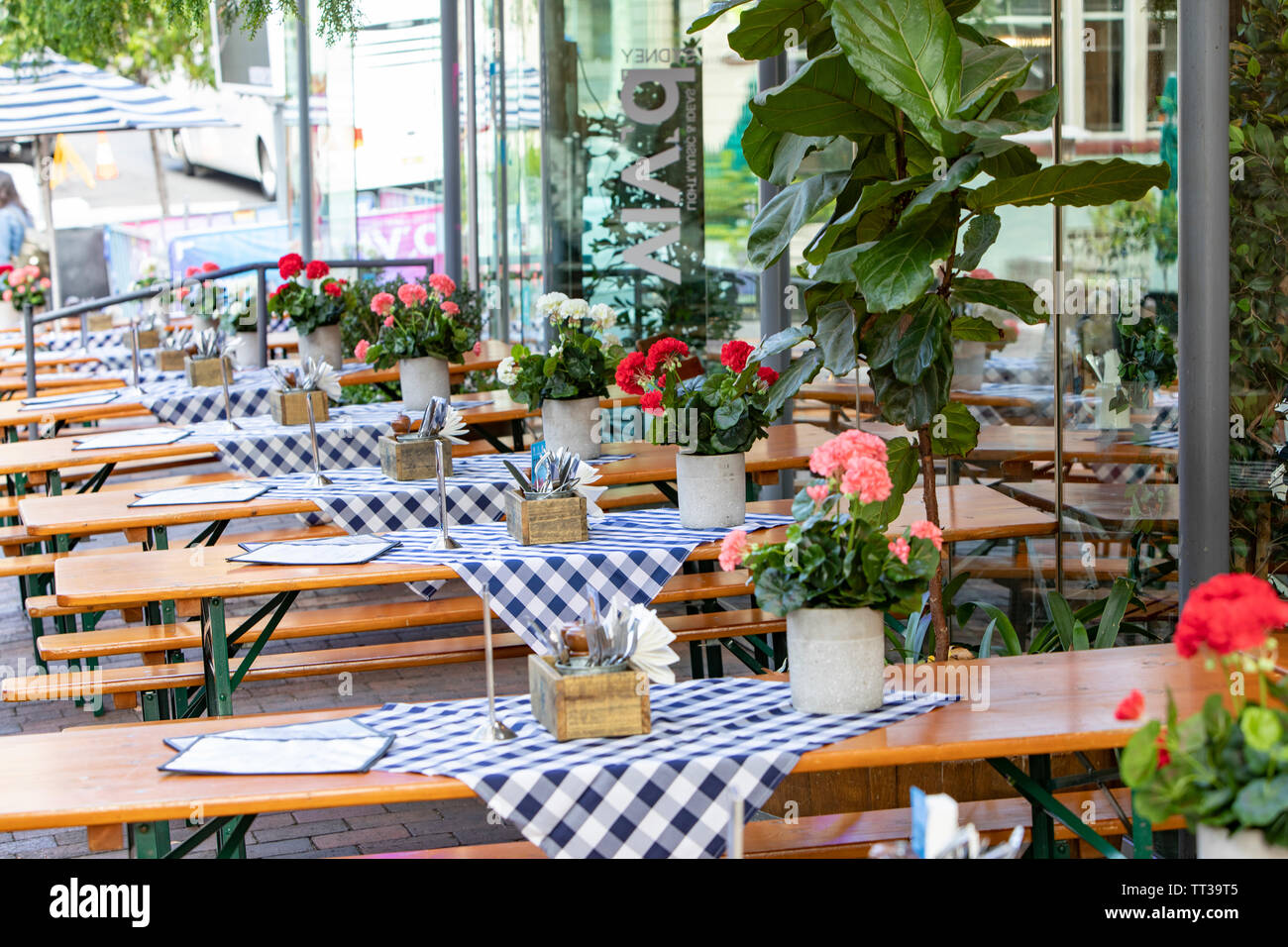 German beer bar in the Rocks Sydney with flowers decorating the outside tables in winter,Sydney,Australia Stock Photo