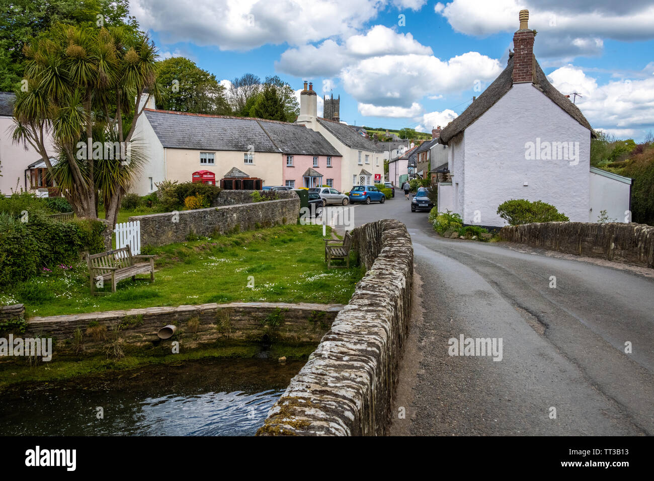 Pretty Stream and  Cottages, South Pool, Devon Stock Photo