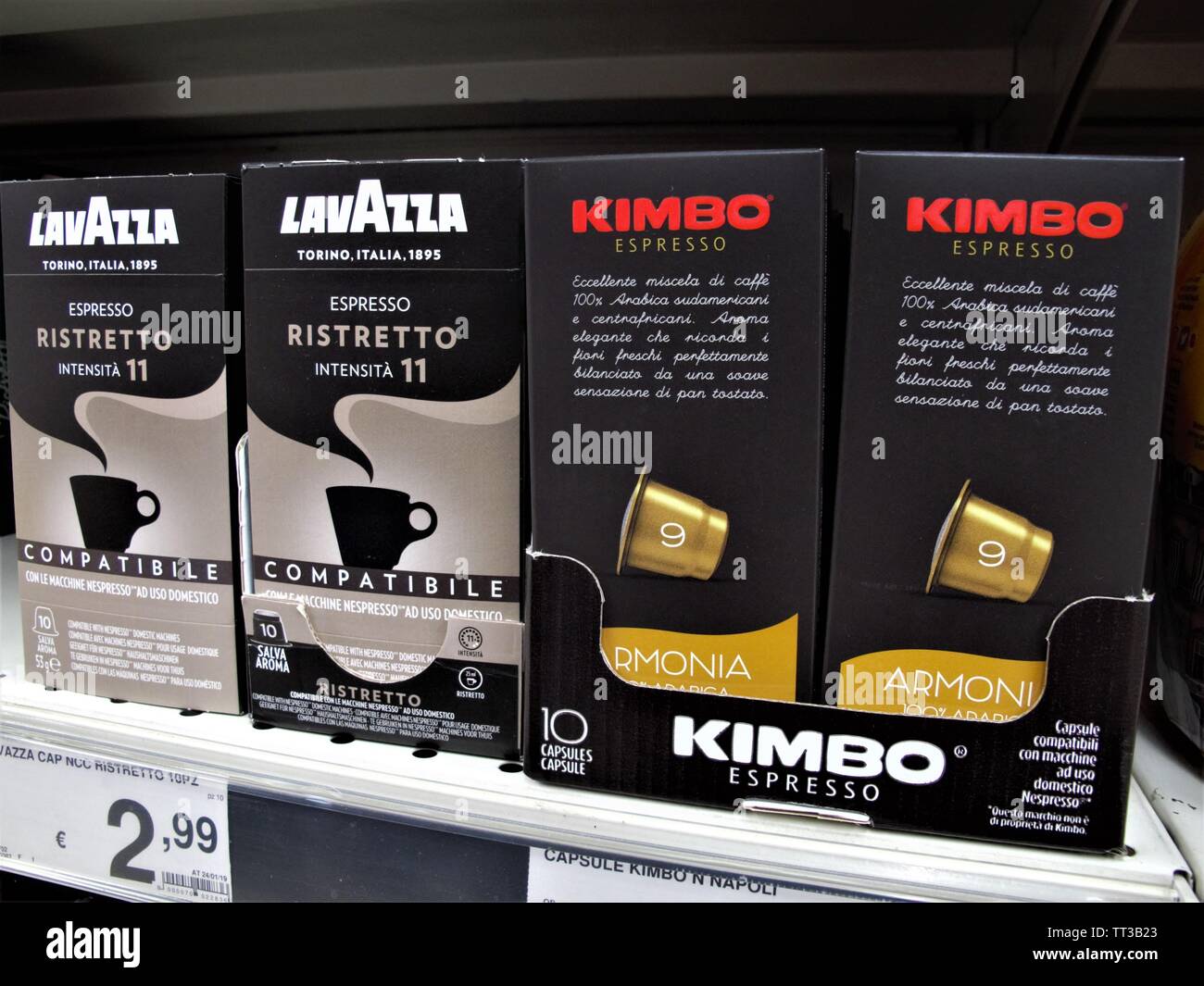 Boxes of coffee capsules of Lavazza and Kimbo at the Auchan supermarket in  Rome Stock Photo - Alamy