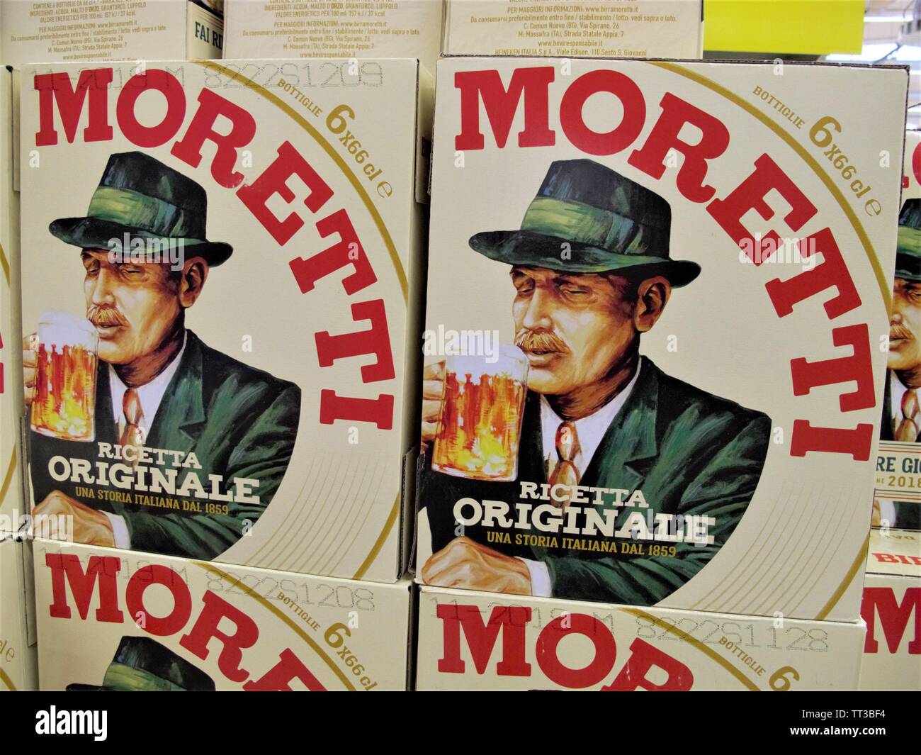 Bottles of Moretti beers at the Auchan supermarket in Rome Stock Photo