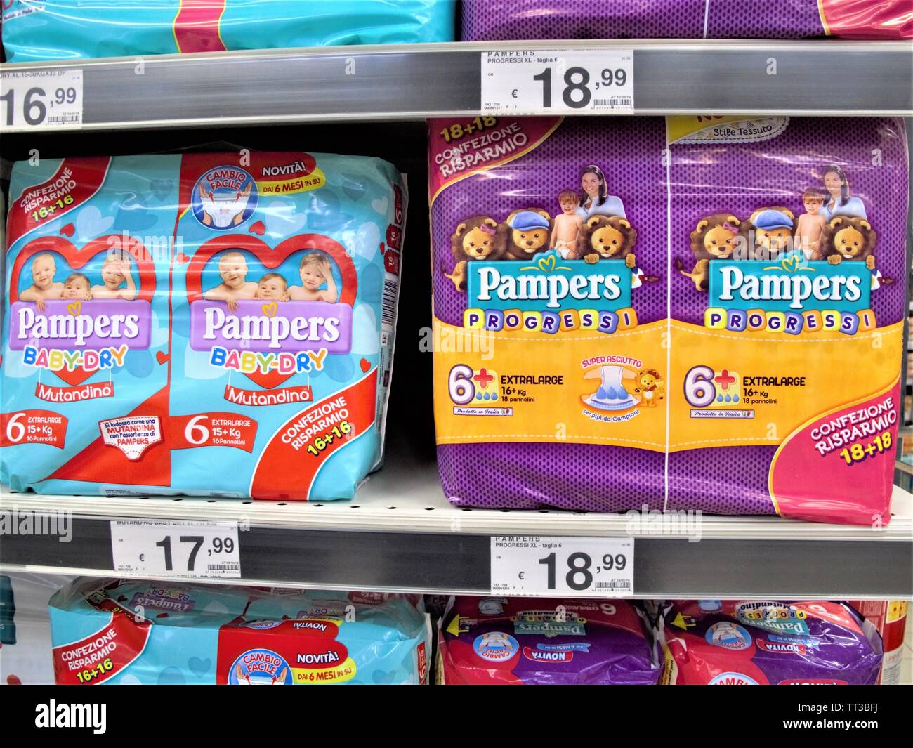 Baby diaper boxes of Pampers at the Auchan supermarket in Rome Stock Photo  - Alamy