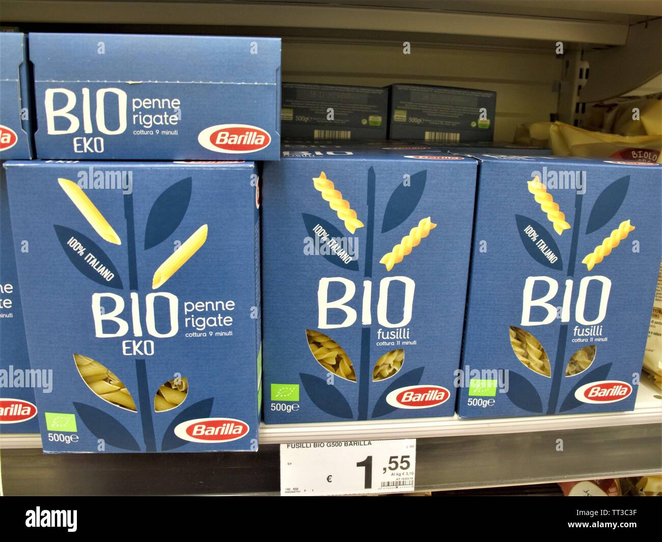 Boxes of Barilla organic pasta at the Auchan supermarket in Stock Photo