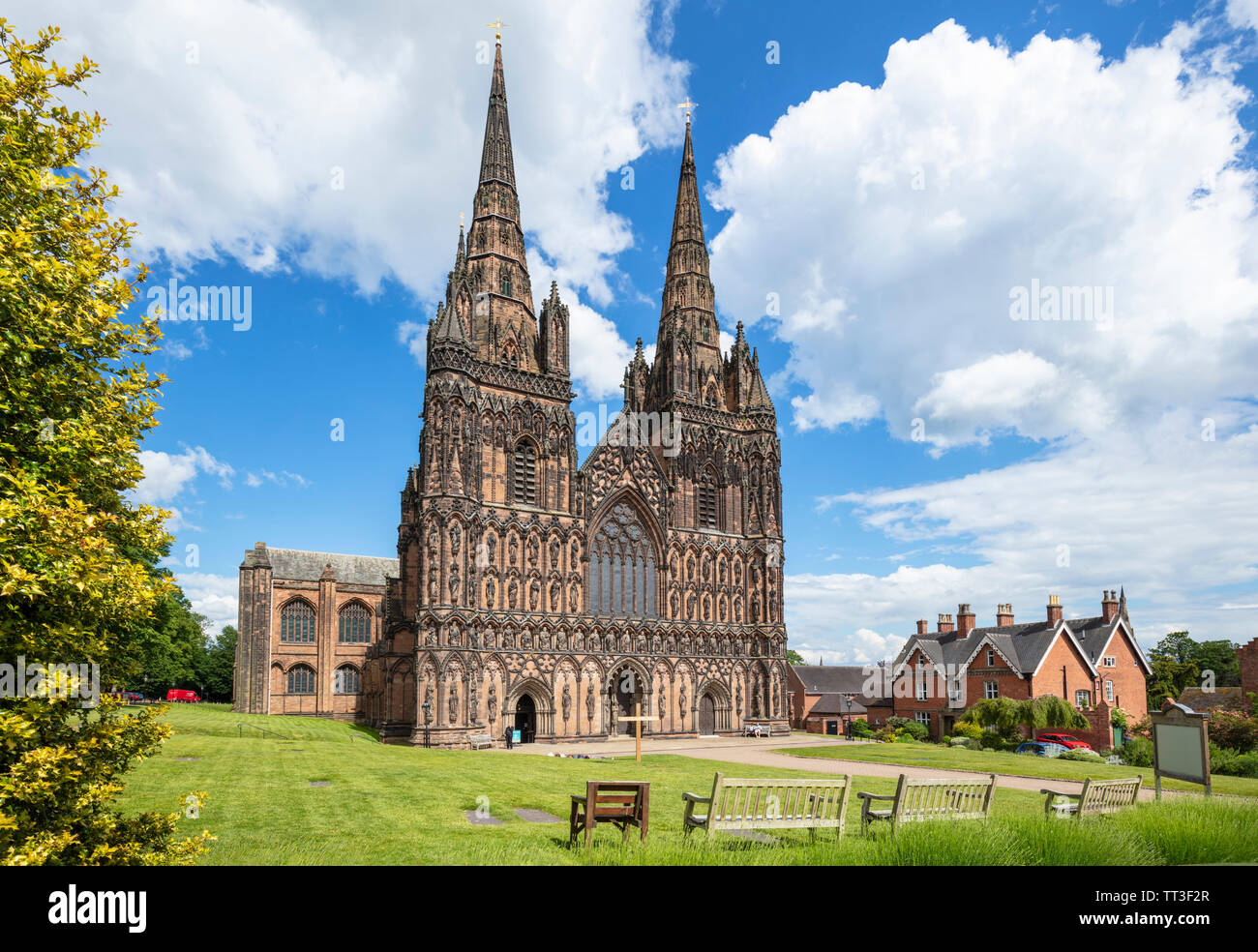 Lichfield cathedral Lichfield cathedral west front with carvings of St Chad saxon and norman kings Lichfield Staffordshire England UK GB Europe Stock Photo