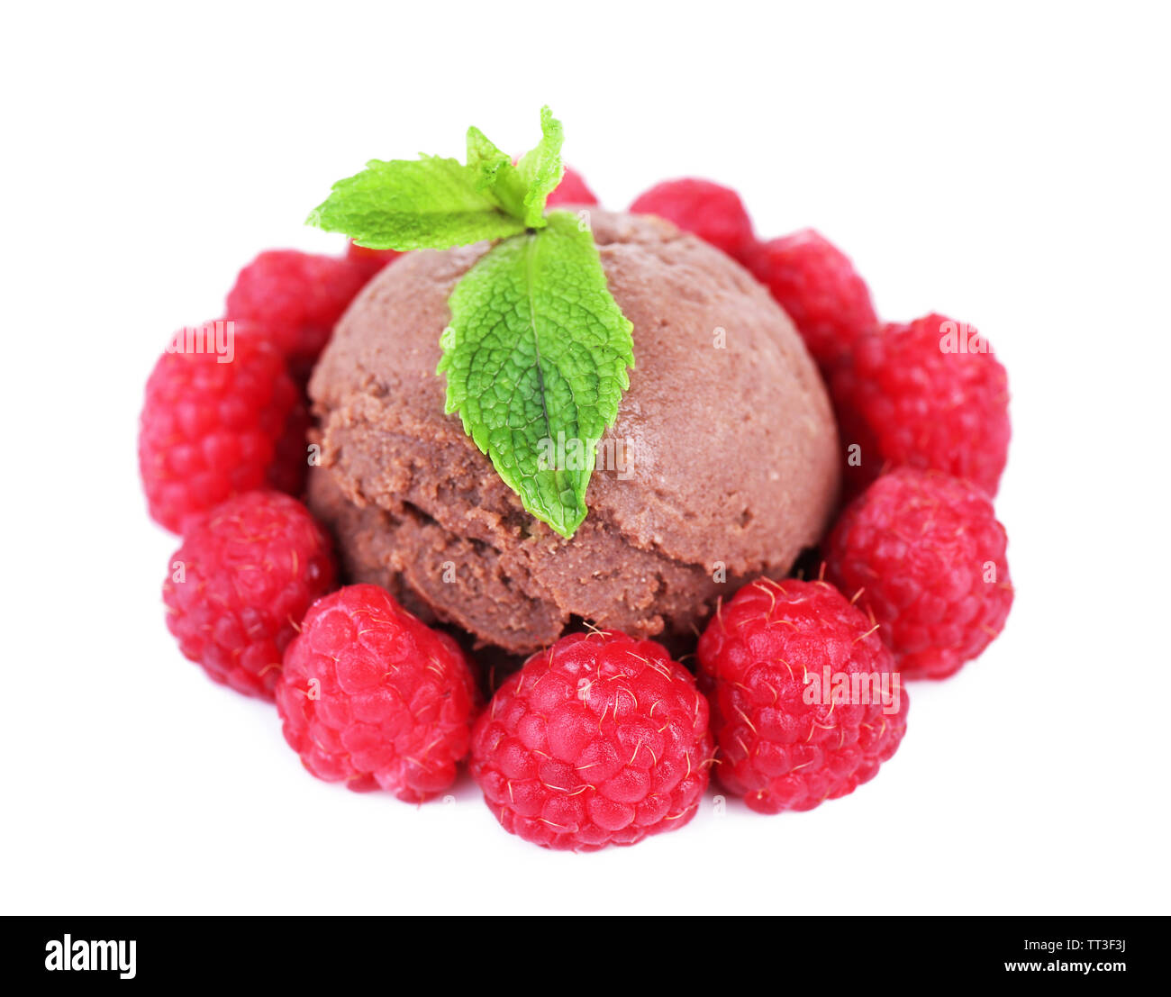 Chocolate ice cream with mint leaf and raspberries, isolated on white ...