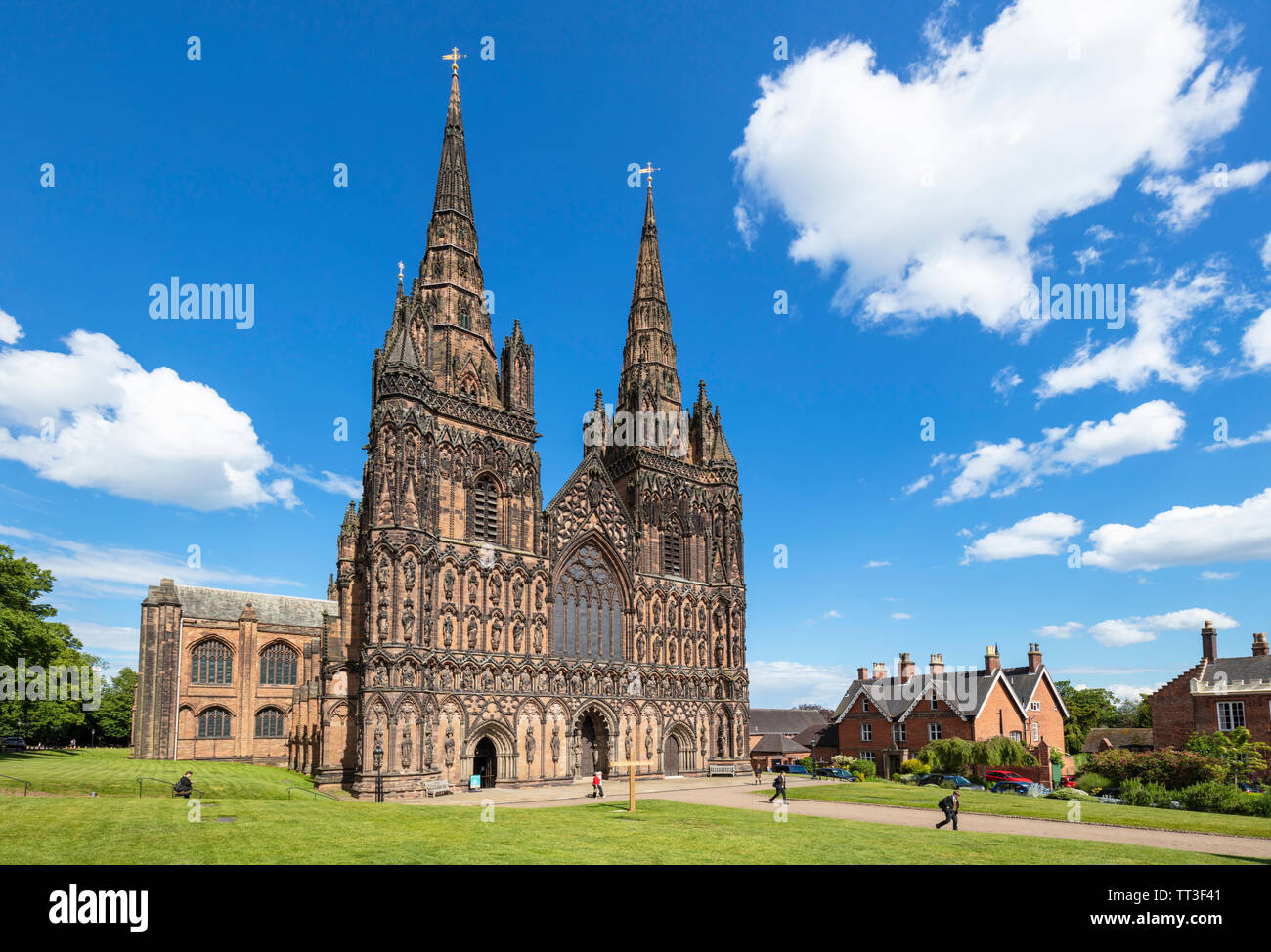 Lichfield cathedral Lichfield cathedral west front with carvings of St Chad saxon and norman kings Lichfield Staffordshire England UK GB Europe Stock Photo